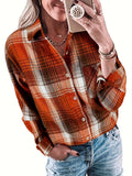 Vintage-Inspired Long Sleeve Plaid Print Shirt - Loose Fit, Patched Pockets, Soft Fabric, Perfect for Spring & Fall, Womens Casual Clothing for Everyday Wear