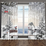 2-Piece Festive Christmas Curtain Set, Semi-Sheer Snowman & Pine Tree Design Polyester Drapes with Rod Pocket, Machine Washable for Living Room, Kitchen, Bedroom & More