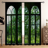 2 Pieces Industrial Wooden French Window with Landscape Glass Printing, Translucent Curtains, Green Plants Outside, for Living Room, Bedroom, Home Decoration, Sunscreen