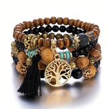 4pcs/set Tree Of Life Pendant Multilayer Beaded Bracelet Round Bead Wooden Bead Bracelet Bohemian Ethnic Jewelry Accessories Handmade -A Stylish Accessory, Father's Day Gift