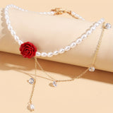 [Red Faux Pearl Cubic Zirconia] Elegant Red Rose Faux Pearl Necklace with Cubic Zirconia - Perfect Valentine's Gift for Girlfriend, Suitable for Parties and Daily Wear