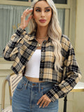 Plaid Print Cropped Shirt - Relaxed Casual Style with Classic Button Front and Long Sleeves for Women - Perfect for Everyday Wear and Daily Occasions