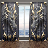 2pc, Majestic Dragon Print Curtains, Black and Golden 3D Totem, Rod Pocket Installation, Digital Print Polyester, Semi-Transparent, for Living Room, Kitchen, Bedroom, Study, Home Decor, Vintage Style, Machine Washable, Animal