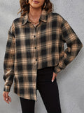 Elegant Fall Plaid V-Neck Blouse: Chic, Durable Women's Top with Polo Collar, Easy Maintenance