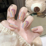 Cat Eye Press On Nails Shiny Rainbow Fake Nail Sweet Style Full Finished Nail Piece Shiny Rainbow Fake Nail Wearable for Girl