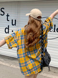 Plaid Pattern Button Up Shirt, Vintage Casual Short Sleeve Shirt For Spring & Summer, Women's Clothing