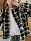 Women's Plus Size Plaid Shirt, Polyester Blend, Button-Down, Non-Stretch, Seasonal, Casual Top, Oversized, Korean Style, Checkered Pattern, Woven Fabric