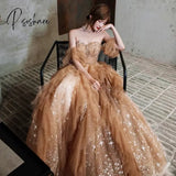 Champagne Evening Dresses Strapless Off Shoulder Ruffle Beading Sequins Empire Tulle A-Line Woman