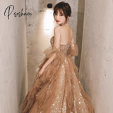 Champagne Evening Dresses Strapless Off Shoulder Ruffle Beading Sequins Empire Tulle A-Line Woman