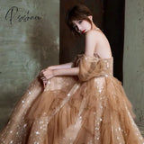 Champagne Evening Dresses Strapless Off Shoulder Ruffle Beading Sequins Empire Tulle A-Line Woman