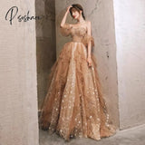 Champagne Evening Dresses Strapless Off Shoulder Ruffle Beading Sequins Empire Tulle A-Line Woman