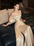 Champagne Mermaid Evening Dresses Strapless Satin Bow Glossiness Sleevess Lace-Up Red Carpet Shiny
