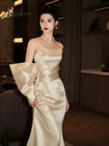 Champagne Mermaid Evening Dresses Strapless Satin Bow Glossiness Sleevess Lace-Up Red Carpet Shiny