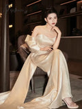 Champagne Mermaid Evening Dresses Strapless Satin Bow Glossiness Sleevess Lace-Up Red Carpet Shiny
