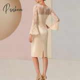 Champagne Mother Of Bride Dresses For Wedding With Lace Full Sleeve Sheath Party Gowns Fashion Robe