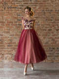 Charming Latest Short Lace Prom Party Dresses Tea Length Cap Sleeves Illusion Jewel Neck Beading