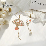 Chinese Style Folding Fan Crane Carp Lotus Asymmetrical Long Tassel Dangle National Earrings For