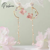 Chinese Style Folding Fan Crane Carp Lotus Asymmetrical Long Tassel Dangle National Earrings For