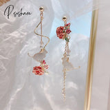 Chinese Style Folding Fan Crane Carp Lotus Asymmetrical Long Tassel Dangle National Earrings For