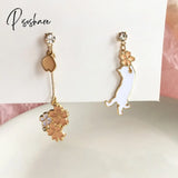 Chinese Style Folding Fan Crane Carp Lotus Asymmetrical Long Tassel Dangle National Earrings For