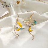 Chinese Style Folding Fan Crane Carp Lotus Asymmetrical Long Tassel Dangle National Earrings For