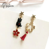 Chinese Style Folding Fan Crane Carp Lotus Asymmetrical Long Tassel Dangle National Earrings For