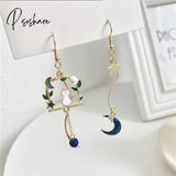 Chinese Style Folding Fan Crane Carp Lotus Asymmetrical Long Tassel Dangle National Earrings For