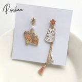 Chinese Style Folding Fan Crane Carp Lotus Asymmetrical Long Tassel Dangle National Earrings For