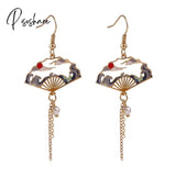 Chinese Style Folding Fan Crane Carp Lotus Asymmetrical Long Tassel Dangle National Earrings For