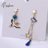 Chinese Style Folding Fan Crane Carp Lotus Asymmetrical Long Tassel Dangle National Earrings For