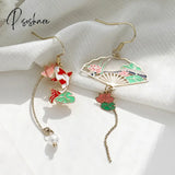 Chinese Style Folding Fan Crane Carp Lotus Asymmetrical Long Tassel Dangle National Earrings For