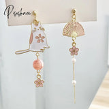 Chinese Style Folding Fan Crane Carp Lotus Asymmetrical Long Tassel Dangle National Earrings For