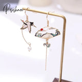 Chinese Style Folding Fan Crane Carp Lotus Asymmetrical Long Tassel Dangle National Earrings For