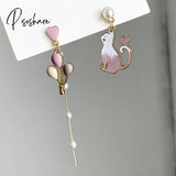 Chinese Style Folding Fan Crane Carp Lotus Asymmetrical Long Tassel Dangle National Earrings For