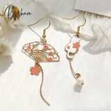 Chinese Style Folding Fan Crane Carp Lotus Asymmetrical Long Tassel Dangle National Earrings For