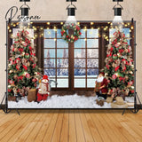 Christmas Backdrop For Photography Santa Claus Pine Tree Gift Boxes Window White Snow Scene Kids