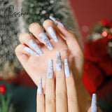 Christmas Long Ballerina Coffin Fake Nails Snowflake Full Cover Press On New Year Hand Practice