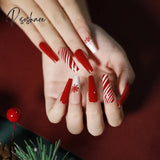 Christmas Long Ballerina Coffin Fake Nails Snowflake Full Cover Press On New Year Hand Practice