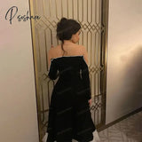 Classic Black A Line Tea-Length Evening Gowns - Off Shoulder Saudi Arabic Prom Party Dresses