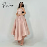 Classic Short Pink Strapless Satin Evening Dresses A-Line Pleated Above Ankle Length Prom For Women