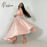 Classic Short Pink Strapless Satin Evening Dresses A-Line Pleated Above Ankle Length Prom For Women