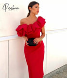 Classic Short Red Evening Dresses Sheath Off Shoulder Ruffled Arabic Prom Gown Dubai Tea Length