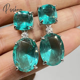 Classic Women’s Square Crystal Drop Earrings Sparkling Blue Zircon Wedding Green