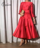 Classy Short Red Satin Evening Desses With Pockets A-Line Pleated Muslim 3/4 Sleeves Tea Length