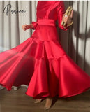 Classy Short Red Satin Evening Desses With Pockets A-Line Pleated Muslim 3/4 Sleeves Tea Length