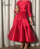 Classy Short Red Satin Evening Desses With Pockets A-Line Pleated Muslim 3/4 Sleeves Tea Length