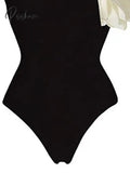 Colorblock Slim Patchwork Appliques Sexy Bodysuits For Women Diagonal Collar Sleeveless High Waist
