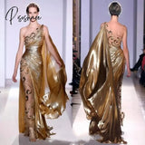 Couture Appliques Gold Evening Dresses Long Mermaid One Shoulder With Sheer Vintage Pageant Prom