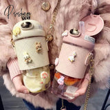 Cute Rabbit Ear Plastic Water Bottles With Straw For Girls Kids Portable Strap Student Bottle Cup