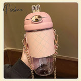 Cute Rabbit Ear Plastic Water Bottles With Straw For Girls Kids Portable Strap Student Bottle Cup